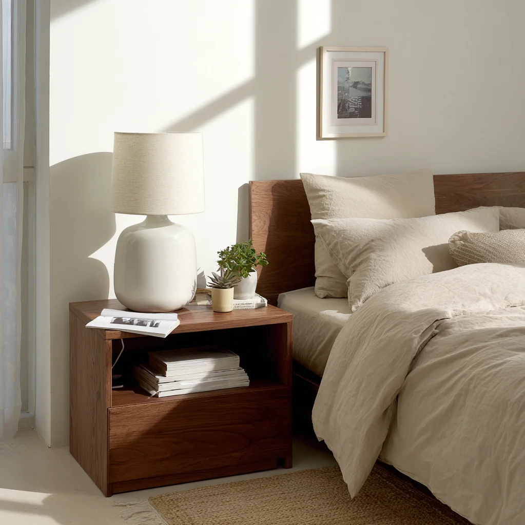 nachttisch dekorieren lampe