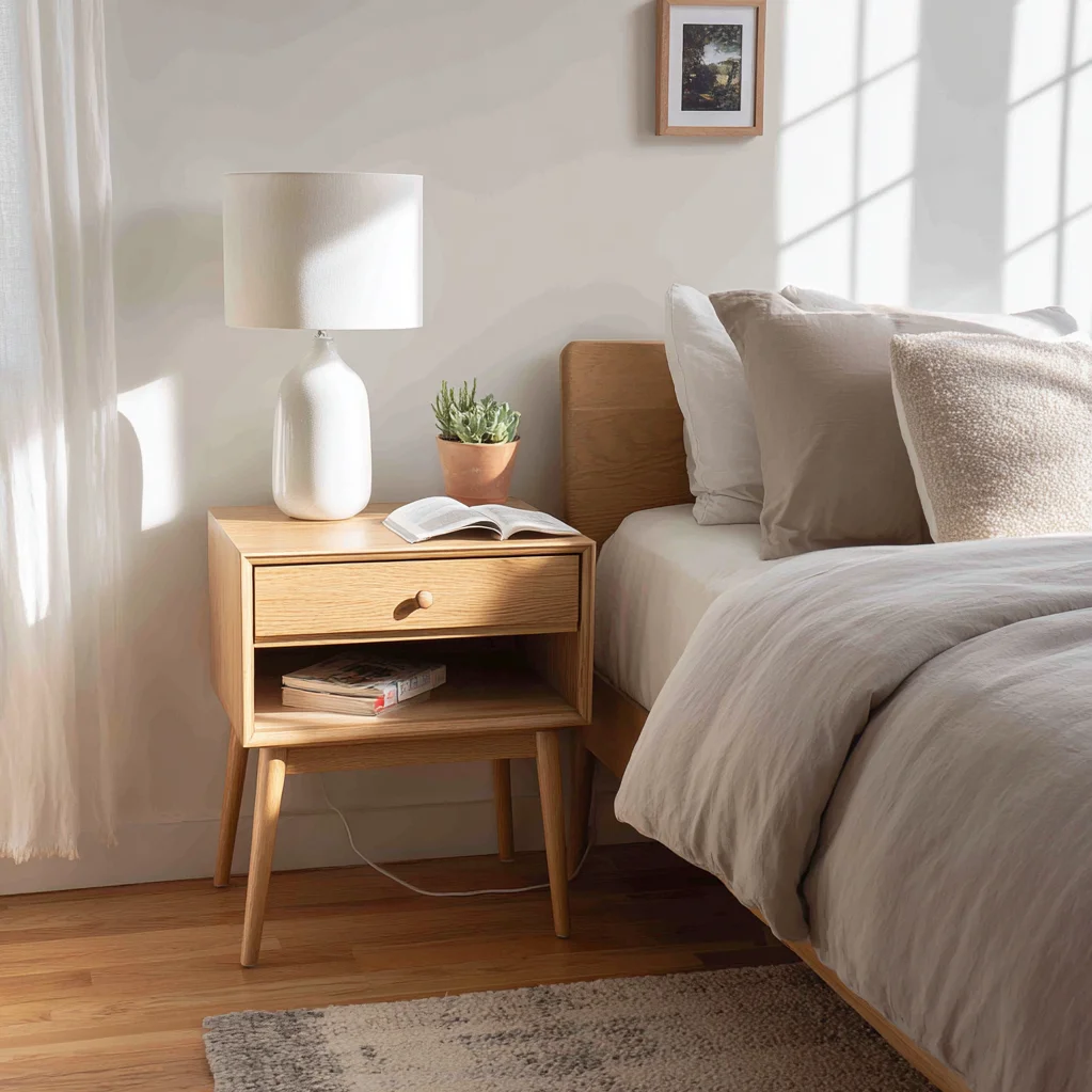 nachttisch dekorieren lampe