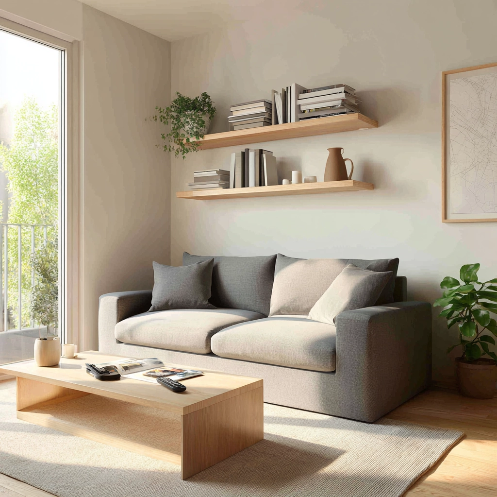 schwebende regale über sofa