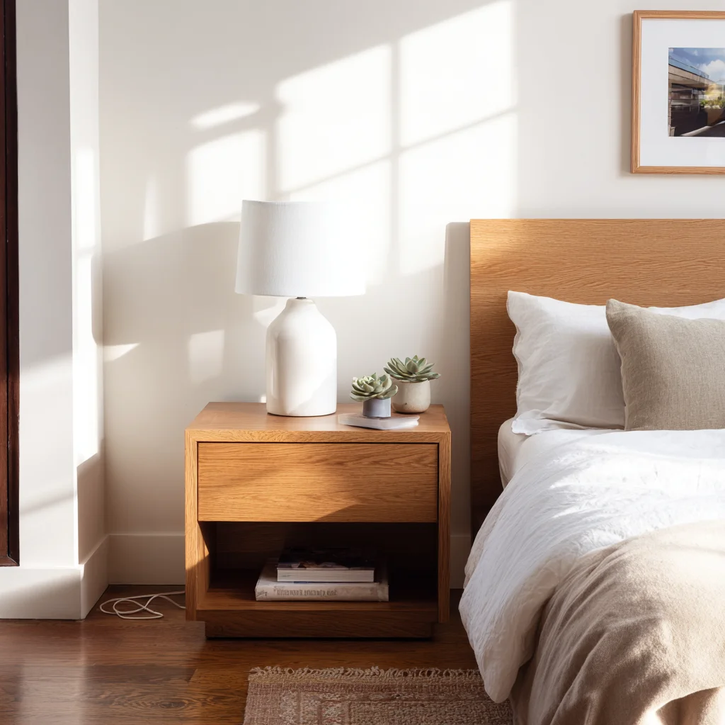 nachttisch dekorieren lampe