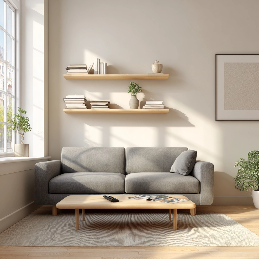 schwebende regale über sofa